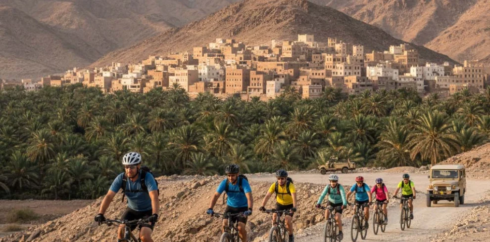 Cyclists on a track below the old village of Al Hamra and its palm groves