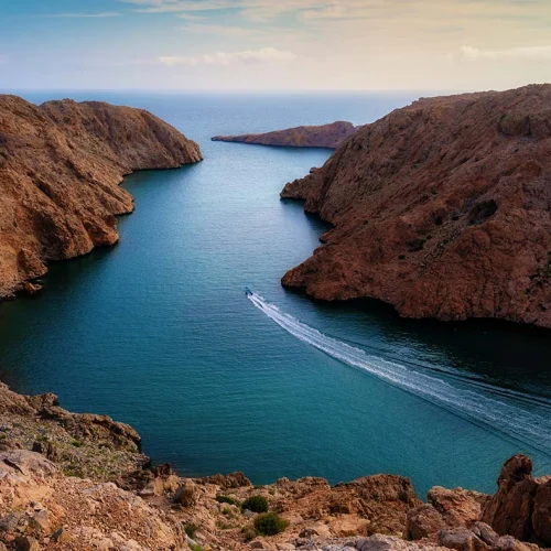 Aerial view of the bays and cliffs of Bandar Khayran