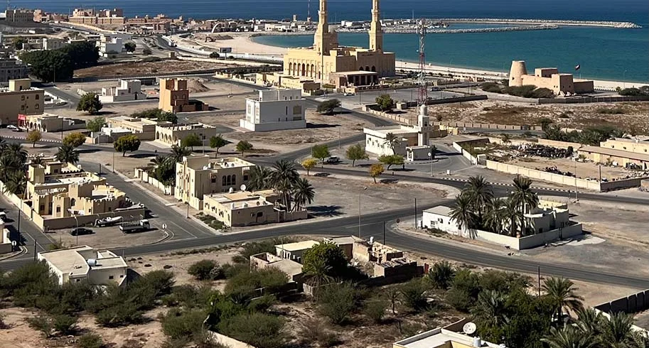 Aerial view of the town of Bukha, its mosque and the sea