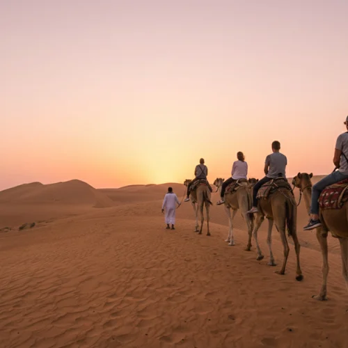 A camel caravan crossing the dunes at sunset