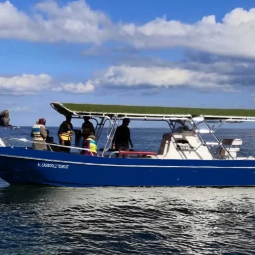 A fishing boat with anglers off a rocky coast