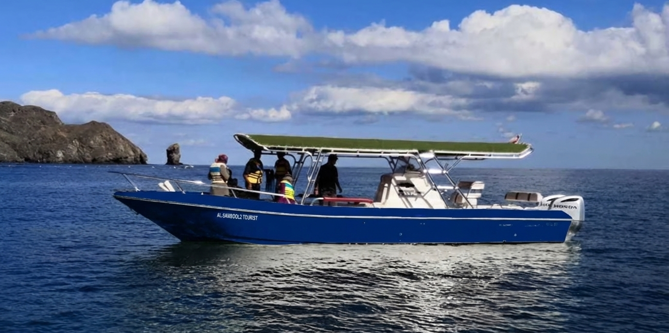 A fishing boat with anglers off a rocky coast