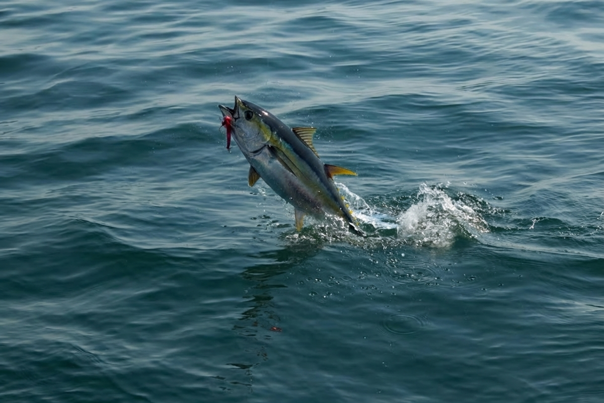 A fish leaping from the sea on a fishing line
