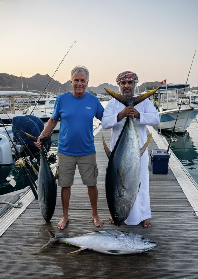 Two anglers on a jetty holding large tuna