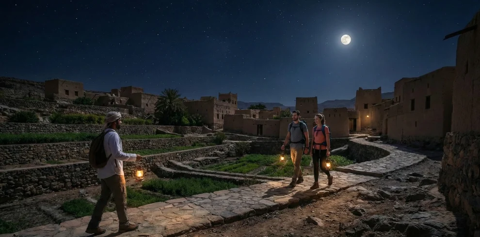 Walkers with lanterns in Misfat under a full moon