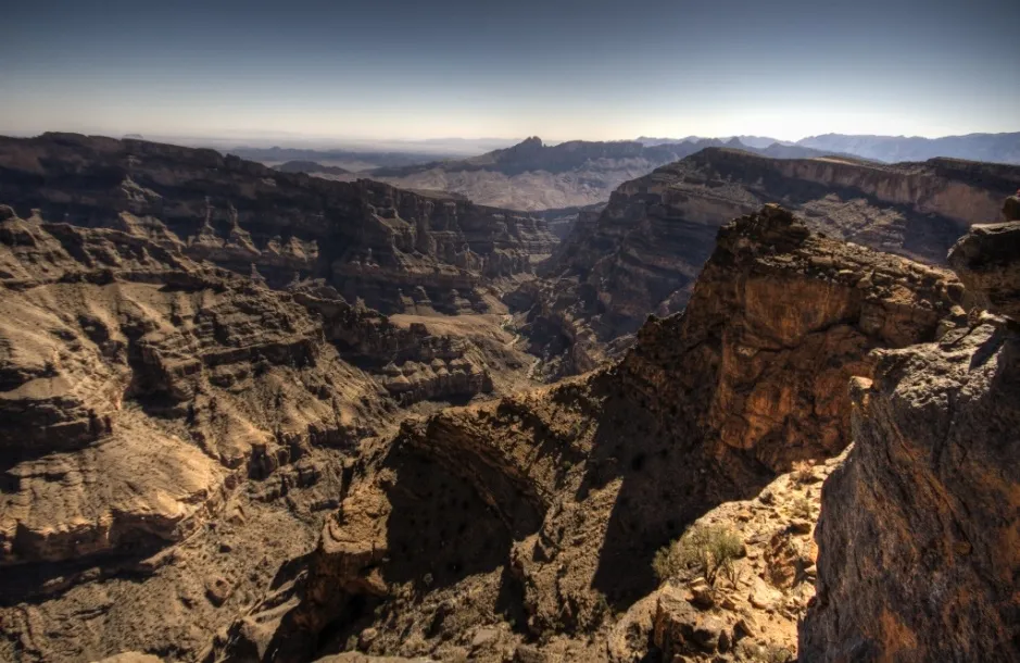 A wide rocky canyon on Jabal Shams, the Grand Canyon of Oman