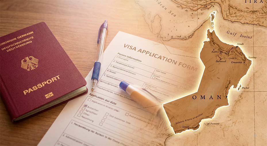 A passport, a visa application form and a map of Oman