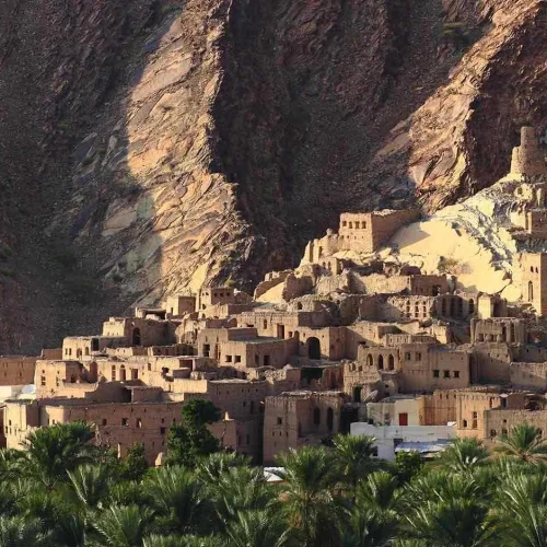 An old stone village below cliffs on Jabal Akhdar