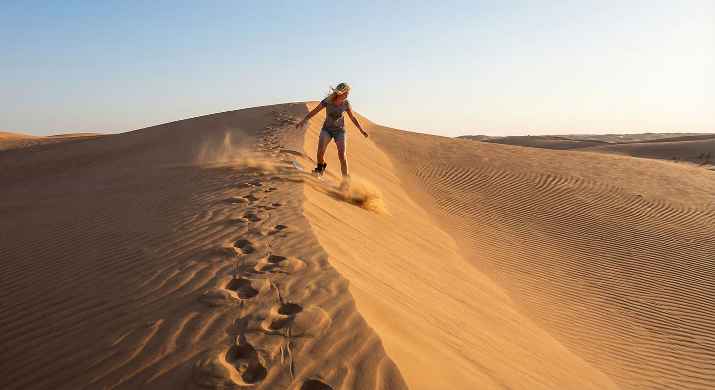 A sandboarder riding down a dune