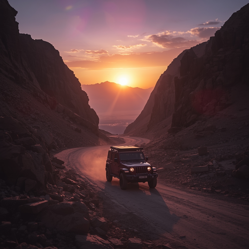 A 4x4 driving through a canyon at sunset