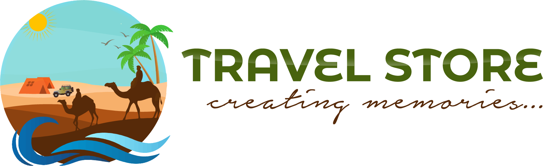Travel Store logo: a palm tree and camels with the words 'creating memories'