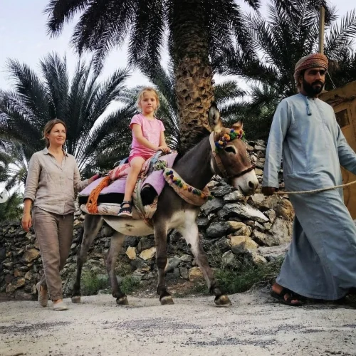 A child riding a donkey, led by a guide among palms
