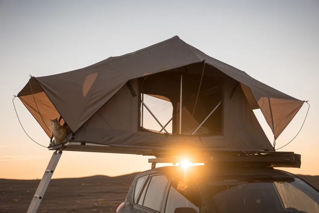 A rooftop tent on a 4x4 under the stars at the canyon edge