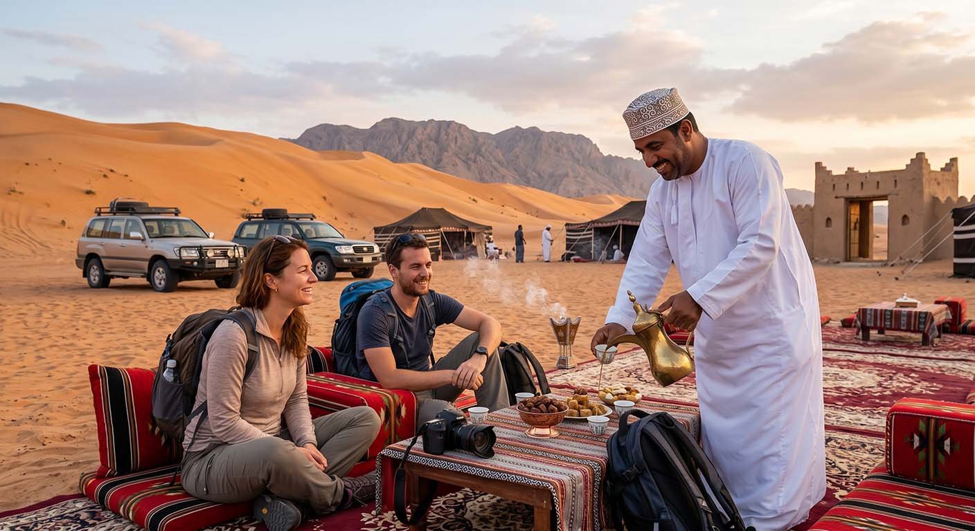 A host pouring Omani coffee for two guests at a desert camp, with 4x4s behind
