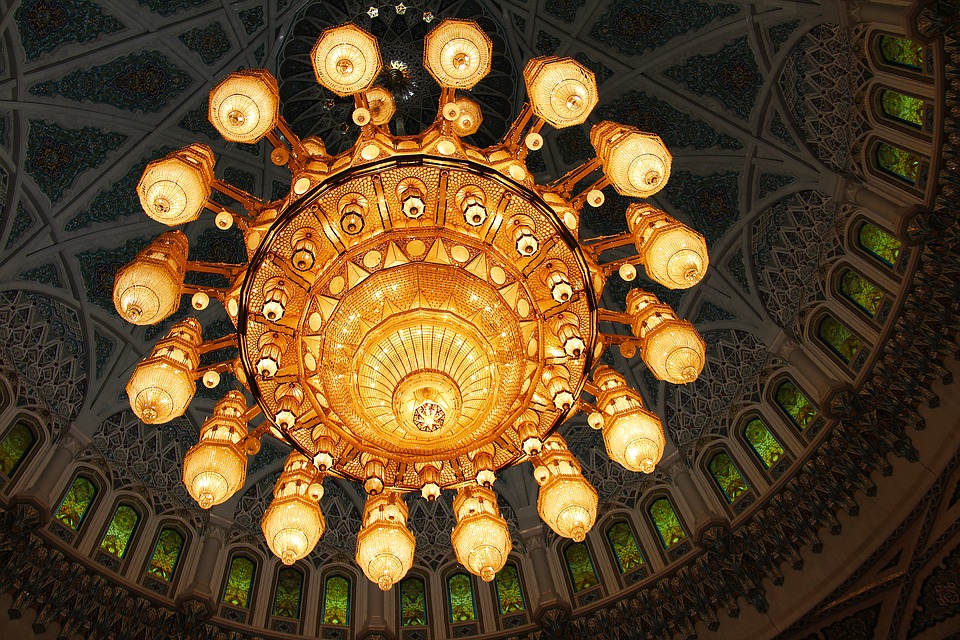 The great chandelier under the dome of the Sultan Qaboos Grand Mosque